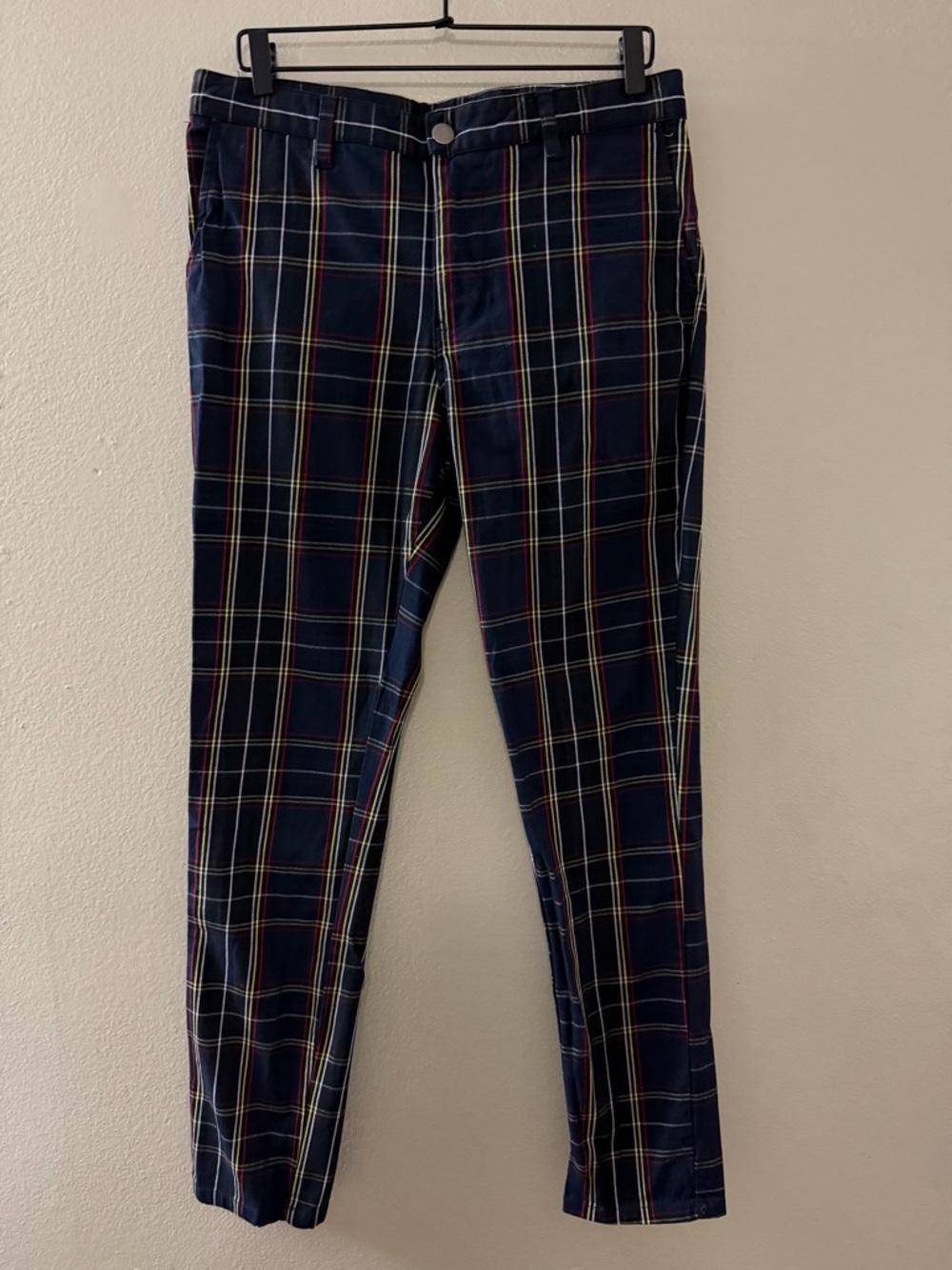 Elwood Navy Tartan Plaid Stretch Pants Size 32 Slim Fit Punk Grunge Chinos